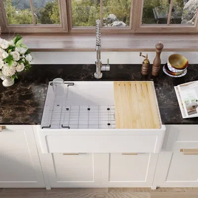 Casainc 33" L Farmhouse Single Bowl Fireclay Kitchen Sink In Glossy White
