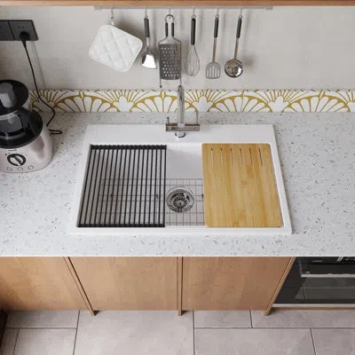 Casainc 33" L Topmount Single Bowl Fireclay Kitchen Sink In Glossy White