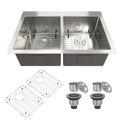 Casainc 33" L X 22" W Double Basin Drop-in Kitchen Sink With Accessories In Brushed Nickel