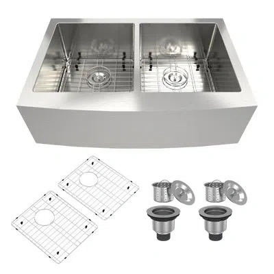 Casainc 33" L X 22" W Double Basin Farmhouse Kitchen Sink With Accessories In Brushed