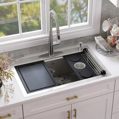 Casainc 33" L X 22" W Farmhouse Kitchen Sink With Faucet, Grid Cutting Board Draining Baskets In Brushed Nickel
