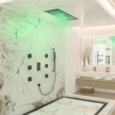 Casainc 35”l X 12”w Flush-mount Led Bluetooth Music Rainfall Shower System With Smart Touch Screen Display In Matte Black