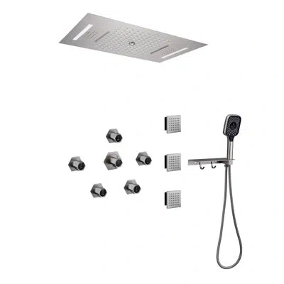 Casainc 35"l X 12"w Flush-mount Luxury Thermostatic Shower System With 3 Body Jets And Storage Shelf In Brushed Nickel