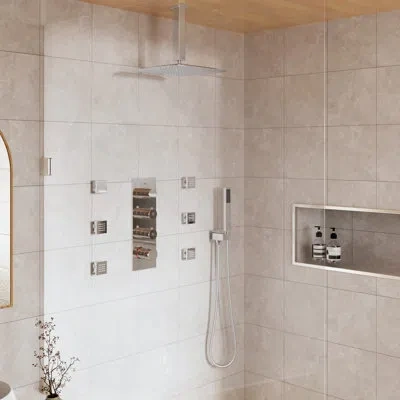 Casainc 3-fuction 12" Ceiling-mount Thermostatic Rainfall Shower System With 6 Body Jets And Rough-in Valve In Chrome