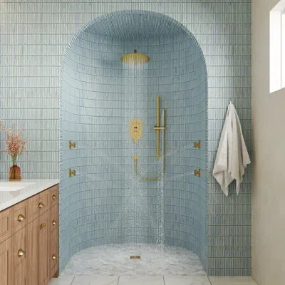 Casainc 3-function 12 Inch Temperature Digital Display Shower System With 2-setting Slider Bar Handheld And  In Brushed Gold