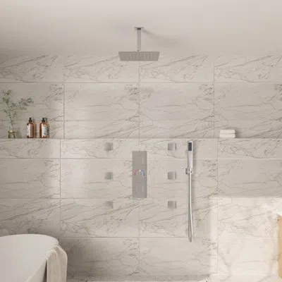 Casainc 3-function Ceiling Mounted Thermostatic Rainfall Shower System With 6 Body Jets And Rough-in Valve In Brushed Nickel