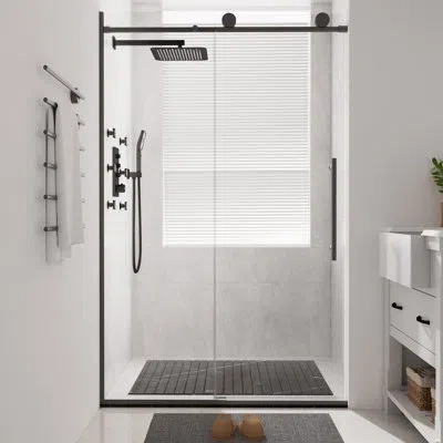 Casainc 48" W X 76" H Reversible Frameless Single Sliding Bathroom Shower Door With Soft Close In Matte Black