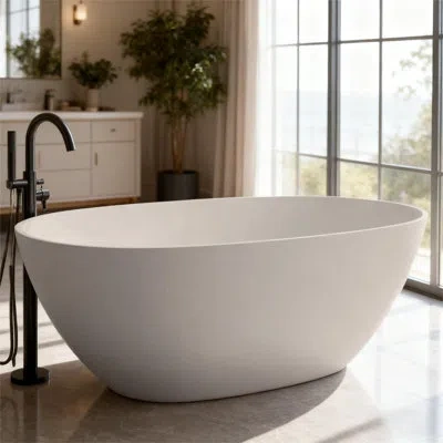Casainc 57" Freestanding Bathtub Resin Stone Soaking Bathtub Solid Surface Modern Tubs With Overflow And Pop In Matte White