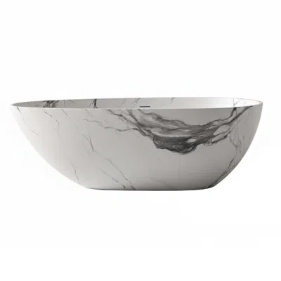 Casainc 59"x 30.65" Freestanding Solid Surface Soaking Bathtub,egg-shaped With Marble Look In Carrara Marble