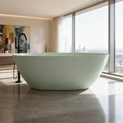 Casainc 65" Freestanding Bathtub Resin Stone Soaking Bathtub Solid Surface Modern Tubs With Overflow And Pop In Turquoise Green