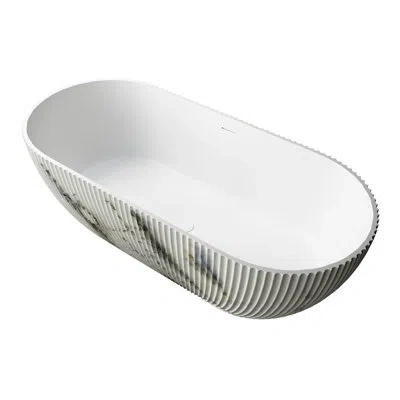 Casainc 67" Solid Surface Freestanding Soaking Bathtub With Fluted Marble Look In Matte White Marble