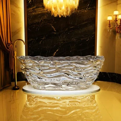 Casainc 68" Solid Surface Pure Resin Freestanding Soaking Bathtub With Drain In Transparent Wave