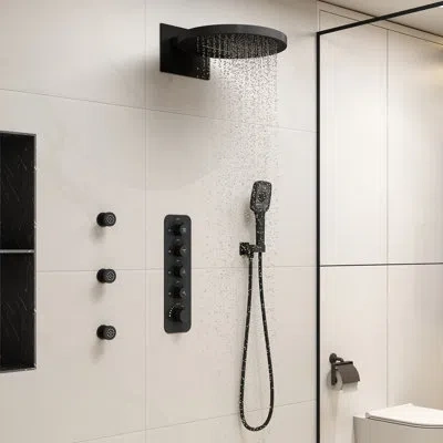 Casainc Ancoats 16" Wall Mounted Thermostatic Complete Shower System With 3-function Handheld Spray And 3 Bo In Matte Black