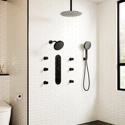 Casainc Digital Thermostatic Shower System With Dual Overhead Showerheads, 6 Body Jets And Handheld Shower In Matte Black