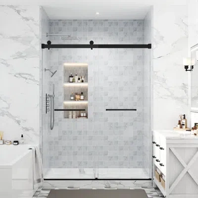 Casainc Étoile 56"-60" W X 75" Frameless Double Sliding Shower Door With Clear Tempered Glass And Towel Bars In Matte Black