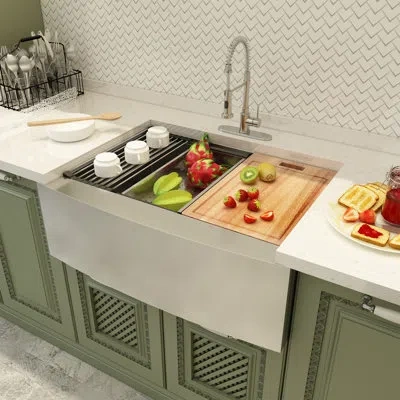 Casainc Farmhouse Kitchen Sink With Accessories In Brushed