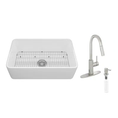 Casainc Fireclay Farmhouse Apron Kitchen Sink With Touchless Kitchen Faucet In White