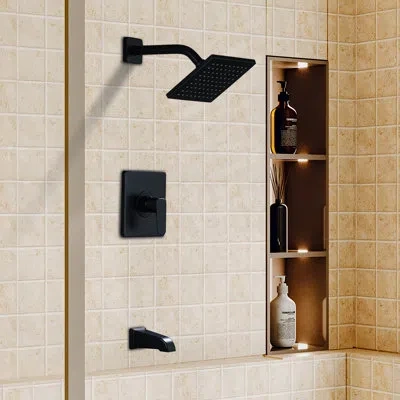 Casainc Probe 1-handle 6 Inch Black Single Function Square Tub & Shower Trim Faucet With Rough In-valve In Matte Black
