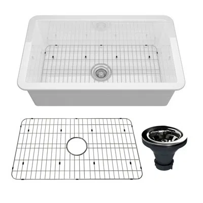 Casainc Pure 32" L X 19" W Single Bowl Fireclay Undermount Kitchen Sink With Sink Grid In White