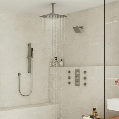 Casainc Rainfall Symphony 16inch Dual Shower Head Rainfall Thermostatic Shower System With 16-inch Slide Bar In Brushed Nickel