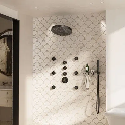 Casainc Rainfall Thermostatic Shower System With Body Jets, 2-sprays Shower Head And A Shelf In Matte Black