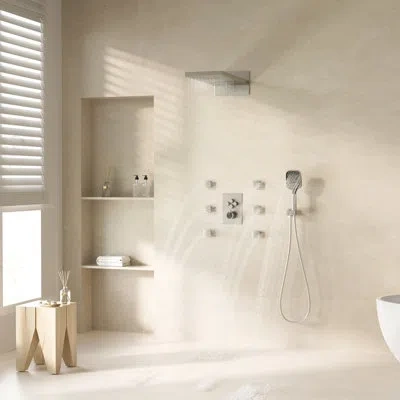 Casainc Rainier 4-function 20 Inch Wall Mounted Rectangular Rainfall Thermostatic Shower System With 6 Body  In Brushed Nickel