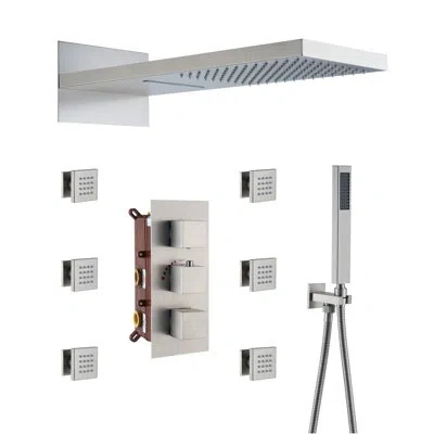 Casainc Rainier 4-function 22" Wall Mounted Thermostatic Complete Shower System With 6 Body Jets And Rough I In Brushed Nickel