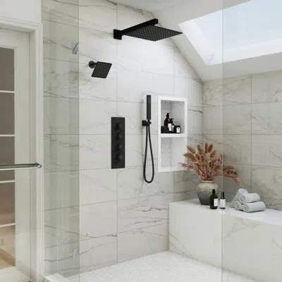 Casainc Regen Dual Shower Heads 3-function Wall-mounted Thermostatic Shower System With Handheld And Rough-i In Matte Black