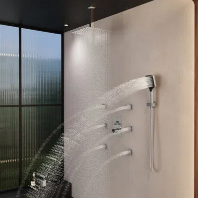 Casainc Revitalize 3-function 12 Inch Ceiling Mount Rainfall Thermostatic Shower System With 6 Body Jets In Chrome