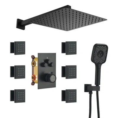 Casainc Revitalize 3-function 12 Inch Wall Mount Rainfall Thermostatic Shower System With 6 Body Jets In Matte Black