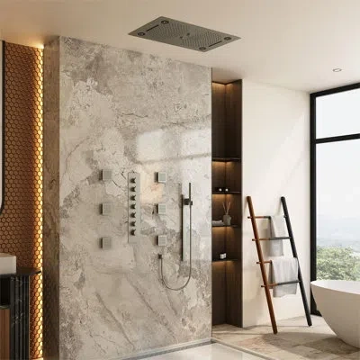 Casainc Rodeo 27.5-inch Led&music Rainfall Thermostatic Shower System With Slide Bar And 2-in-1 Handheld In Brushed Nickel