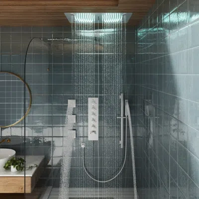 Casainc Rodeo 28"lx16"w Flush Mounted 5-function Thermostatic Complete Shower System With Led And Bluetooth  In Brushed Nickel