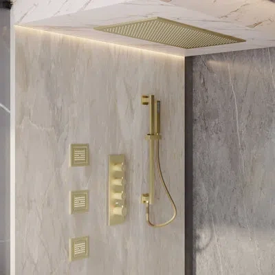 Casainc Rodeo 32"x16" Ceiling Mounted 3-function Thermostatic Complete Shower System With Body Jets And Slid In Brushed Gold