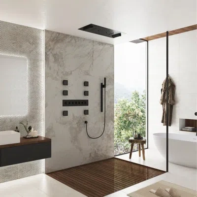 Casainc Rodeo 36-inch Led & Music Rainfall Thermostatic Shower System With Slide Bar And 2-in-1 Handheld In Matte Black