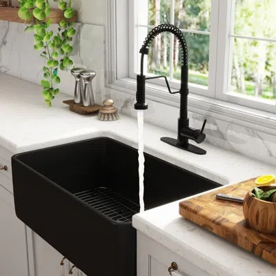 Casainc Single Bowl Black Fireclay Farmhouse Kitchen Sink With Faucet Included In Matte Black