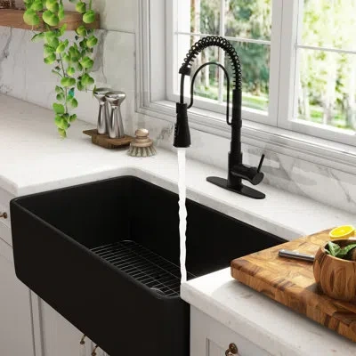 Casainc Single Bowl Black Fireclay Farmhouse Kitchen Sink With Faucet Included In Matte Black