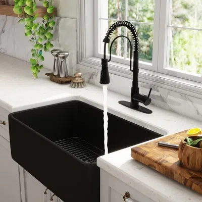 Casainc Single Bowl Black Fireclay Farmhouse Kitchen Sink With Faucet Included In Matte Black