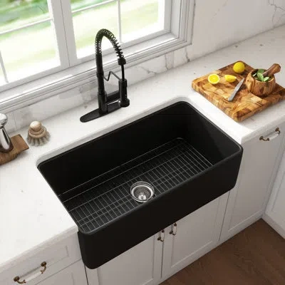 Casainc Single Bowl Fireclay Farmhouse Kitchen Sink With Faucet Included In Matte Black