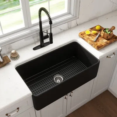Casainc Single Bowl Fireclay Farmhouse Kitchen Sink With Faucet Included In Matte Black