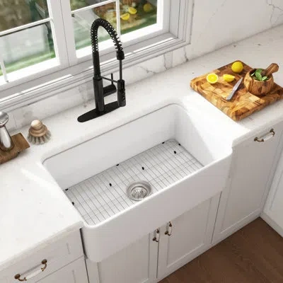 Casainc Single Bowl White Fireclay Farmhouse Kitchen Sink With Faucet Included In Matte Black