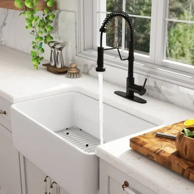 Casainc Single Bowl White Fireclay Farmhouse Kitchen Sink With Faucet Included In Matte Black