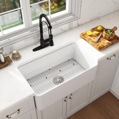 Casainc Single Bowl White Fireclay Farmhouse Kitchen Sink With Faucet Included In Matte Black