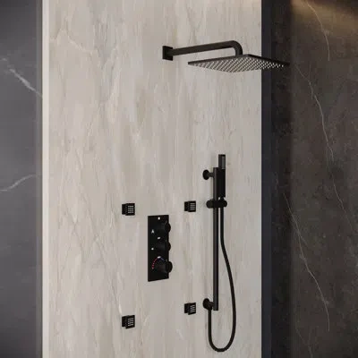 Casainc Slidelux 3-function 12" Thermostatic Complete Rainfall Shower System With 4 Body Jets And Slide Bar In Matte Black