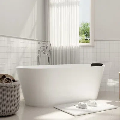 Casainc Tangent 59" X 30" Freestanding Soaking Solid Surface Bathtub With Black Bath Pollow In Matte White