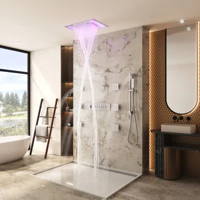 Casainc Thermostatic 5-function Rainfall Shower System With Handheld Spray, 6 Body Jets, Led Light & Slide B In Brushed Nickel
