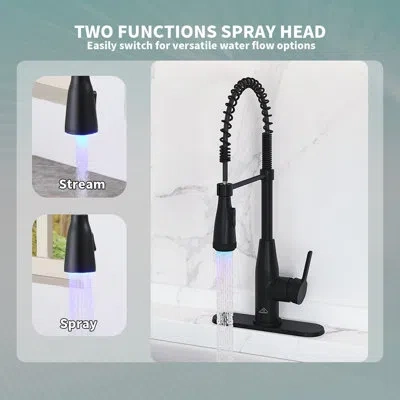 Casainc Willow  Magnetic Pull Out Sprayer Kitchen Faucet With Led Temperature Light And Deck Plate In Matte Black