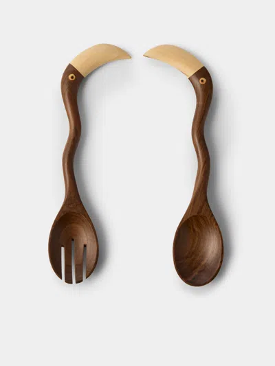 Casalatina Lara Toucan Hand-carved Hardwood Salad Servers In Brown