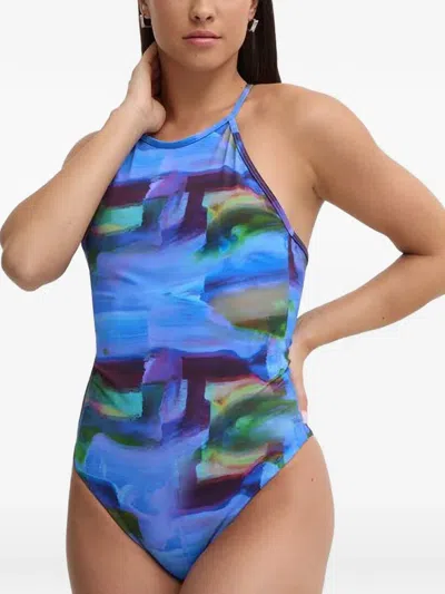 Casall Abstract-print Halterneck Swimsuit In Blue