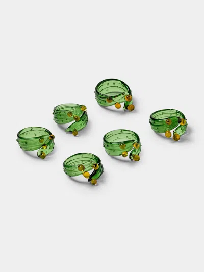 Casarialto Set Of 6 Cacti Hand-blown Glass Napkin Rings In Green