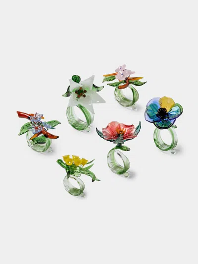 Casarialto Set Of 6 Floral Garden Hand-blown Glass Napkin Rings In Multi